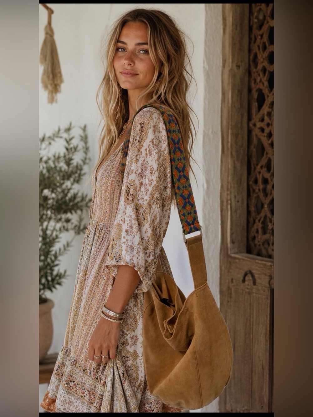 Roller Rabbit 100% Suede Hobo Bag with Patterned Strap